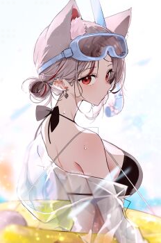 1girl animal_ear_fluff animal_ears bikini black_bikini breasts cat_ears dandandanholo diving_mask ear_piercing earrings expressionless extra_ears goggles goggles_on_head grey_hair hair_bun halterneck innertube jacket jewelry large_breasts looking_at_viewer looking_to_the_side multicolored_hair neneko_mashiro off_shoulder piercing red_eyes see-through_clothes see-through_jacket snorkel solo stellive streaked_hair swim_ring swimsuit turning_head twitter_username upper_body virtual_youtuber water_drop wet