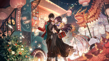 1boy 1girl :o ahoge amusement_park animal aqua_necktie bag bear belt belt_buckle black_belt black_boots black_dress black_hair black_pants black_shirt blazer boots bouquet brown_eyes brown_hair buckle bush buttons carousel clothed_animal double-breasted dragon dress ears_through_headwear eastern_dragon eyelashes facial_hair feeding feet_out_of_frame ferris_wheel floating_hair flower food food_stand hair_between_eyes hanging_plant hat headphones headphones_around_neck hetero highres holding holding_bouquet holding_food holding_ice_cream holding_ice_cream_cone ice_cream ice_cream_cone jacket lantern layered_sleeves long_dress long_hair menu mustache necktie night open_mouth original outdoors pants paper_lantern parted_bangs pink_flower pleated_dress pointy_nose red_bag red_eyes red_hat red_jacket rose senryoko shirt short_hair shoulder_bag sky sparkle standing string_of_light_bulbs striped_clothes striped_headwear stuffed_animal stuffed_panda stuffed_toy top_hat turtleneck turtleneck_dress two-tone_hat undershirt vertical-striped_clothes vertical-striped_headwear very_long_hair watermark weibo_watermark white_hat white_jacket yellow_flower yellow_rose