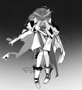 Rule 34 | 1girl, absurdres, arknights, boots, cape, commentary, crying, english commentary, feather hair, greyscale, hands on own face, highres, i sleepingnow, id card, jacket, looking down, medium hair, monochrome, owl ears, rhine lab logo, shirt, silence (arknights), silence the paradigmatic (arknights), simple background, sobbing, solo, trembling