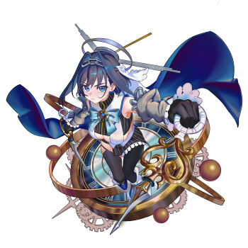 1girl absurdres black_gloves black_shirt black_skirt black_thighhighs blue_boots blue_bow blue_bowtie blue_cape blue_eyes blue_hair boots bow bow_earrings bowtie breasts brooch cape chain chain_headband cleavage_cutout closed_mouth clothing_cutout commentary cropped_shirt detached_sleeves earrings fanged_bangs fluffycatfish frilled_skirt frilled_sleeves frills full_body gloves grey_sleeves hair_flaps hair_intakes half-skirt halo heart heart_brooch highres holding holding_sword holding_weapon hololive hololive_english jewelry juliet_sleeves large_breasts long_sleeves looking_at_viewer mechanical_halo miniskirt ouro_kronii ouro_kronii_(1st_costume) outstretched_arm outstretched_arms pinstripe_pattern pinstripe_shirt pinstripe_skirt puffy_sleeves sailor_collar shirt short_hair skirt solo sword thighhighs veil vest virtual_youtuber weapon white_sailor_collar white_veil white_vest