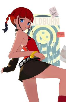 1girl asukagawa_chise bare_arms bare_shoulders belt black_choker black_skirt blue_eyes bracelet braid choker commentary_request gloves gridman_universe highres jewelry lensu_(lotus36936936) looking_at_viewer miniskirt mole mole_under_mouth red_hair short_hair single_glove skirt solo ssss.dynazenon studded_belt twin_braids