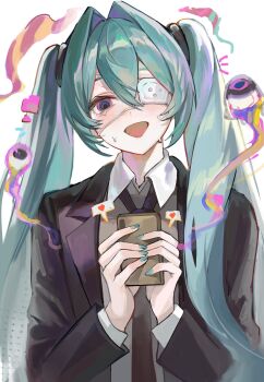 absurdres aqua_eyes aqua_hair black_necktie cellphone collared_shirt eyepatch grey_shirt hatsune_miku highres holding holding_phone long_hair loose_necktie medical_eyepatch monitoring_(vocaloid) necktie phone qi_xia shirt smartphone very_long_hair vocaloid