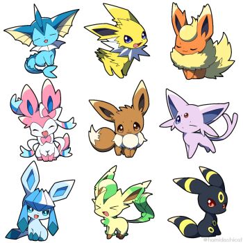 Rule 34 | > <, animal focus, chibi, closed eyes, closed mouth, eevee, espeon, fang, flareon, gen 1 pokemon, gen 2 pokemon, gen 4 pokemon, gen 6 pokemon, glaceon, hamidashicat, hashtag-only commentary, highres, jolteon, leafeon, nintendo, no humans, one eye closed, open mouth, pokemon, pokemon (creature), pokemon focus, smile, sylveon, twitter username, umbreon, vaporeon, white background
