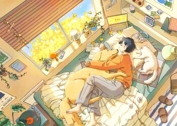 1girl absurdres animal animal_hug autumn autumn_leaves barefoot bed bedroom black_hair blue_sky book brown_bag brown_shoes cable calendar_(object) cat closed_eyes comforter commentary commentary_request computer crumpled_paper day desk_lamp drawstring english_commentary english_text falling_leaves from_above golden_retriever grey_pants headphones highres holding holding_leaf indoors korean_commentary lamp laptop leaf long_sleeves lying mixed-language_commentary no_mouth notebook november on_bed on_side open_book open_window orange_sweater original pants paper pencil phonograph photo_(object) plant polaroid_camera poster_(object) potted_plant rug shadow shoes short_hair sky sleeves_past_wrists slippers solo speaker sunlight sweater toti_(lanaq) tree unworn_shoes vines vinyl_record warm_colored white_cat window window_blinds