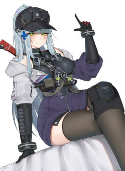 Rule 34 | 1girl, absurdres, baseball cap, black gloves, black hat, black thighhighs, breasts, closed mouth, commentary request, cross hair ornament, crossed legs, girls' frontline, girls' frontline 2: exilium, gloves, green eyes, grey hair, hair ornament, hat, highres, hk416 (girls' frontline), index finger raised, jacket, klukai (girls' frontline 2), large breasts, long hair, looking at viewer, moriyama a, multicolored jacket, partially unzipped, ponytail, sidelocks, sitting, smile, solo, teardrop facial mark, thighhighs, two-tone jacket, white background