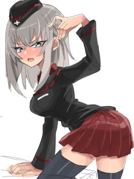 Rule 34 | 1girl, adachi (nogami nono), black hat, black jacket, black thighhighs, blue eyes, blush, breasts, garrison cap, girls und panzer, grey hair, hand on ground, hand on own head, hat, itsumi erika, jacket, kuromorimine military uniform, long sleeves, medium breasts, medium hair, miniskirt, red skirt, skirt, thighhighs