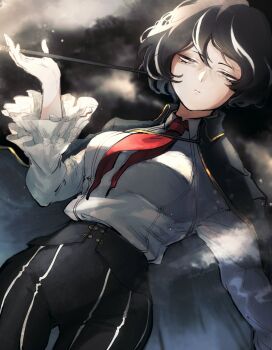 1girl bags_under_eyes black_coat black_hair black_pants breasts coat coat_on_shoulders collared_coat collared_shirt commentary_request cowboy_shot empty_eyes frilled_sleeves frills grey_eyes hair_between_eyes hair_intakes half-closed_eyes hand_up highres holding holding_smoking_pipe looking_at_viewer medium_breasts moses_(project_moon) multicolored_hair necktie pants project_moon red_necktie shirt short_hair smoke smoking_pipe solo temari_momiji the_distortion_detective two-tone_hair white_hair white_shirt