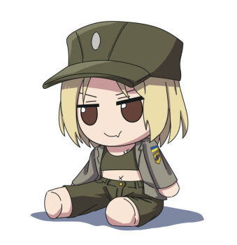 Rule 34 | 1girl, azov battalion, blonde hair, brown eyes, chibi, fang, fumo (doll), green pants, green tank top, hat, highres, jacket, limestone (artist), marichka, midriff, military hat, military uniform, original, pants, russo-ukrainian war, short hair, simple background, skin fang, smile, solo, swastika, swastika tattoo, tank top, tattoo, third-party source, ukraine, ukrainian flag