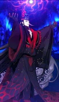 Rule 34 | 1boy, arms up, ashiya douman (fate), ashiya douman (third ascension) (fate), black eyes, black hair, black hat, black kimono, black nails, black skin, blue background, colored extremities, colored skin, commentary request, evil smile, fate/grand order, fate (series), feet out of frame, furumi showichi, game cg, hand upocus, hat, japanese clothes, kimono, long hair, multicolored hair, official art, onmyouji, pectorals, red skin, red theme, skull, smile, solo, straight-on, tate eboshi, third-party source, two-tone hair, very long hair, white hair, wide sleeves