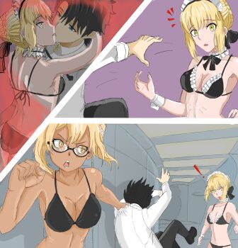1boy 2girls arched_back arms_up artoria_pendragon_(fate) bare_shoulders bikini blonde_hair braid breasts clothes_pull collarbone fate/grand_order fate/stay_night fate_(series) glasses highres jealous kiss maid maid_bikini maid_headdress medium_breasts multiple_girls narrow_waist pulling saber_alter saber_alter_(swimsuit_rider)_(second_ascension) saberalter_says sidelocks surprised swimsuit unconventional_maid yellow_eyes