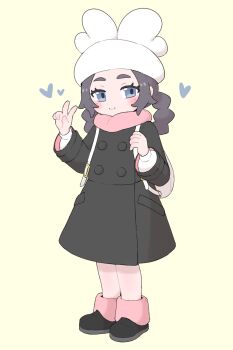 1girl ag-kemono_(1035411828) ansha_(pokemon) backpack bag black_coat black_shoes blush closed_mouth coat commentary_request eyelashes full_body grey_eyes happy hat heart highres leg_warmers long_hair long_sleeves nintendo pink_leg_warmers pink_scarf pokemon pokemon_legends:_z-a scarf shirt shoes simple_background smile solo standing v white_bag white_hat white_shirt yellow_background