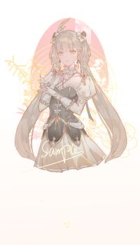 1girl absurdres breasts colored_eyelashes commentary_request earrings grey_eyes grey_hair hair_ornament hand_up hands_up highres jewelry jinhsi_(wuthering_waves) juliet_sleeves long_hair long_sleeves looking_at_viewer medium_breasts parted_lips puffy_sleeves qiuqiuku sample_watermark skirt smile solo twintails watermark white_skirt wuthering_waves