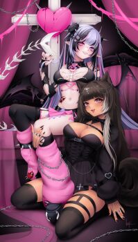 2girls animal_ears bat_wings black_boots black_bra black_dress black_hair black_nails black_streaks black_thighhighs blunt_bangs boots bqbae bra breasts brown_eyes cat_ears cat_girl cat_tail chain commentary cross double_bun dress ear_piercing english_commentary fingernails hair_bun hair_ornament hair_sprinkles heart heart_hair_bun heterochromia highres indie_virtual_youtuber jewelry large_breasts long_hair looking_at_viewer multicolored_hair multiple_girls multiple_rings nail_polish navel open_mouth peachyecc_(vtuber) piercing pink_eyes pink_skirt pink_socks pointy_ears purple_eyes purple_hair ring second-party_source sitting skeletal_tail skirt smile socks spikes sprinkle_hershy sprinkles streaked_hair tail thighhighs torn_wings underwear virtual_youtuber wings