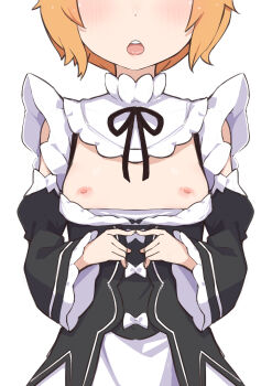 1girl blush breasts breasts_out female_focus flat_chest head_out_of_frame highres loli maid medium_hair morisobo nipples orange_hair petra_leyte re:zero_kara_hajimeru_isekai_seikatsu simple_background solo