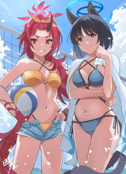 2girls absurdres animal_ears bakeneko ball beachball bikini bikini_bottom_under_shorts bikini_under_clothes black_tail blue_archive blue_bikini blue_halo blue_haori blue_tail cat_ears cat_girl cat_tail colored_inner_animal_ears criss-cross_straps denim denim_shorts dragon_girl dragon_horn dragon_tail gradient_tail hairband halo haori highres holding holding_ball holding_beachball horns japanese_clothes kikyou_(blue_archive) kikyou_(swimsuit)_(blue_archive) layered_bikini looking_at_viewer multiple_girls multiple_tails nikulas_cage o-ring o-ring_bikini open_clothes open_shorts orange_hairband red_eyes red_hair red_tail renge_(blue_archive) renge_(swimsuit)_(blue_archive) shorts single_horn smile swimsuit tail two_tails white_haori yellow_bikini