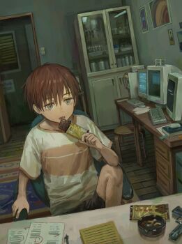 1boy absurdly_detailed_composition absurdres artist_request ashtray candy candy_wrapper chair child chocolate chocolate_bar cigarette computer computer_keyboard computer_mouse computer_tower desk eating faux_traditional_media food gun hair_between_eyes highres holding holding_chocolate holding_food homework indoors loaded_interior male_focus monitor mousepad_(object) muted_color office_chair open_mouth original painterly painting_(medium) pen red_hair rug scenery solo stool swivel_chair take_no_(xtc65_0) traditional_media weapon wooden_floor