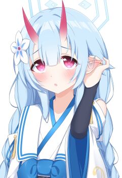 1girl :o adjusting_hair black_bridal_gauntlets blue_archive blue_hair blue_halo blunt_bangs blush braid bridal_gauntlets center-flap_bangs chise_(blue_archive) commentary_request demon_girl demon_horns ear_blush embarrassed flower furrowed_brow hair_flower hair_ornament hair_over_shoulder halo hand_up highres horns japanese_clothes kimono long_sleeves looking_at_viewer low_twintails open_mouth pointy_ears red_eyes sidelocks simple_background solo tareme twin_braids twintails upper_body upturned_eyes white_background white_flower white_kimono wide_sleeves yamichi_(yamichi8369)