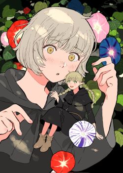 2girls :d :o aged_down black_robe blonde_hair blue_flower braid brown_hair brown_shoes cane_port capelet commentary dungeon_meshi elf falin_touden flower green_eyes highres hood hooded_capelet leaf long_hair low_twin_braids marcille_donato medium_hair mini_person minigirl multiple_girls open_mouth pink_flower pointy_ears red_flower robe shoes smile twin_braids white_flower wide_sleeves yellow_eyes