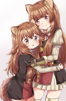 2girls :o alternate_eye_color amaimi animal_ear_fluff animal_ears armor armored_gloves belt black_dress blunt_bangs boots breastplate brown_belt brown_eyes brown_gloves brown_hair child closed_mouth collar commentary_request cowboy_shot dress elbow_gloves gloves hair_between_eyes high_collar hug layered_dress leather_armor long_hair long_sleeves looking_at_viewer metal_arm_cuffs metal_collar metal_hair_tubes metal_wrist_cuffs multiple_girls neck_ribbon open_mouth pleated_dress raccoon_ears raccoon_girl raccoon_tail raphtalia red_dress red_ribbon ribbon short_dress short_sleeves shoulder_armor sleeveless sleeveless_dress smile striped_clothes striped_dress tail tate_no_yuusha_no_nariagari thigh_boots time_paradox two-tone_dress vertical-striped_clothes vertical-striped_dress white_background white_dress