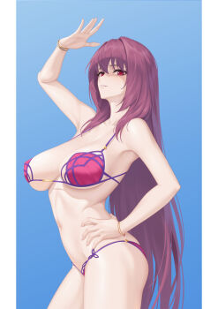 Rule 34 | 1girl, bare shoulders, bikini, breasts, cleavage, collarbone, fate/grand order, fate (series), highres, large breasts, long hair, looking at viewer, navel, nmi, pink bikini, purple hair, red eyes, scathach (fate), scathach (fate/grand order), scathach (swimsuit assassin) (fate), smile, solo, swimsuit, thighs