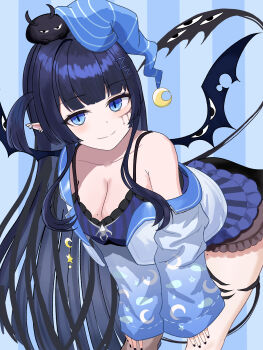 Rule 34 | 1girl, absurdres, babydoll, black hair, black nails, blue babydoll, blue background, blue hat, blue jacket, breasts, cleavage, closed mouth, commentary, crescent, crescent print, demon girl, demon tail, demon wings, earrings, english commentary, facial mark, frilled babydoll, hair ornament, hands on own knees, hat, highres, honk (rem kanashibari), jacket, jewelry, large breasts, leaning forward, letter hair ornament, long hair, looking at viewer, mole, mole on breast, nail polish, nightcap, pointy ears, print jacket, rem kanashibari, rem kanashibari (1st costume), smile, solo, striped babydoll, striped background, tail, v4mirai, virtual youtuber, wani986, wings