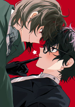 Rule 34 | 2boys, absurdres, akechi gorou, amamiya ren, black-framed eyewear, black gloves, black hair, blazer, blush, brown hair, closed mouth, collared shirt, commentary, eye contact, face-to-face, finger in another's mouth, fsmaichobpeg0, glasses, gloves, grey eyes, highres, jacket, looking at another, male focus, multiple boys, necktie, persona, persona 5, red background, red eyes, semi-circular eyewear, shirt, short hair, simple background, star (symbol), striped clothes, symbol-only commentary, vertical-striped clothes, vertical-striped necktie, white shirt, yaoi