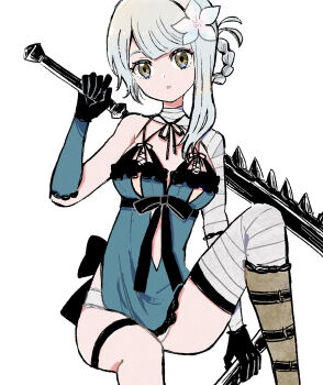 1girl asymmetrical_bangs bandaged_leg bandages blue_negligee braid braided_hair_rings breasts dot_nose flower hair_flower hair_ornament hair_rings highres holding holding_sword holding_weapon kaine_(nier) large_breasts lingerie long_hair looking_at_viewer negligee nier nier_(series) nmiznm open_mouth panties panty_peek parted_bangs simple_background sitting solo sword underwear weapon white_background white_flower white_hair white_panties