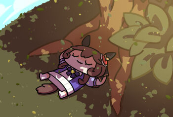 1girl animal_ears arms_behind_back bow bowtie brown_hair chibi chibi_only closed_mouth day ear_ornament falling_leaves gentildonna_(umamusume) gloves hashtag-only_commentary highres horse_ears horse_girl horse_tail keenbiscuit leaf long_hair lying on_back outdoors puffy_short_sleeves puffy_sleeves purple_bow purple_bowtie purple_shirt school_uniform shadow shirt short_sleeves skirt sleeping smile solo summer_uniform tail tracen_school_uniform tree umamusume under_tree white_shirt white_skirt