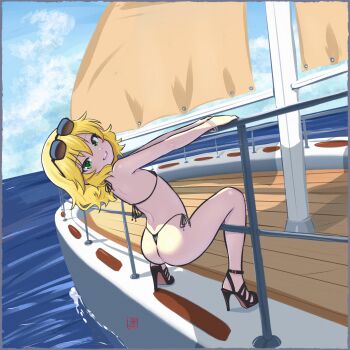 1girl absurdres ass bikini black_bikini blonde_hair elementary_(lolipope) eyewear_on_head green_eyes high_heels highres idolmaster idolmaster_cinderella_girls loli looking_at_viewer micro_bikini ocean sakurai_momoka sandals solo sunglasses swimsuit