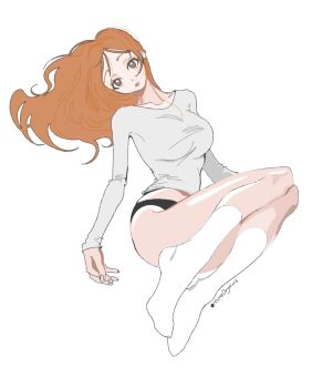 Rule 34 | 1girl, artist name, black panties, bleach, breasts, brown eyes, collarbone, commentary request, female focus, floating, full body, grey shirt, highres, inoue orihime, korean commentary, large breasts, long hair, long sleeves, looking at viewer, midriff, mine0ryours, orange hair, panties, parted bangs, parted lips, shirt, simple background, socks, solo, thighs, underwear, white background, white socks