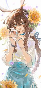 absurdres amiya_(arknights) animal_ears arknights blue_choker blue_nails blue_ribbon blue_skirt bracelet braid brown_hair chinese_commentary choker commentary_request cowboy_shot crossed_bangs cup flower hair_between_eyes hair_flower hair_intakes hair_ornament hair_ribbon hands_up highres holding holding_cup infection_monitor_(arknights) jewelry long_hair long_sidelocks looking_at_viewer multiple_rings open_mouth purple_flower rabbit_ears rabbit_girl ribbon ring ring_on_every_finger shirt sidelocks skirt smile sunflower teeth three-quarter_sleeves upper_teeth_only white_shirt xiao_pa_crawl yellow_flower