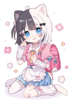 1girl :q absurdres ahoge animal_ear_fluff animal_ears apron arm_warmers backpack bag bandaid bandaid_on_knee bandaid_on_leg black_bow black_hair blue_bow blue_eyes blue_skirt bow bow_apron bow_legwear cat_ears cat_girl choker closed_mouth collarbone collared_shirt commentary english_commentary flower_symbol frilled_sleeves frills full_body hair_bow hands_up highres leg_warmers looking_at_viewer multicolored_hair necktie one_side_up original pink_bag pink_choker pink_shirt pleated_skirt polka_dot polka_dot_bow randoseru shirt short_sleeves simple_background single_bare_foot single_leg_warmer single_thighhigh sitting skirt sleeve_bow smile solo sparkle split-color_hair streaked_hair striped_sleeves thighhighs tie_clip tongue tongue_out two-tone_hair waist_apron wariza white_apron white_arm_warmers white_background white_bow white_hair white_leg_warmers white_thighhighs yellow_necktie yukomeow