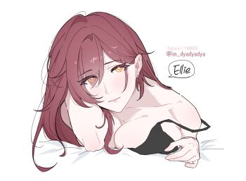 1girl black_bra bra breasts commentary dyadyadya earrings eden_(honkai_impact) english_commentary highres honkai_(series) honkai_impact_3rd jewelry large_breasts long_hair lying on_stomach paid_reward_available simple_background solo speech_bubble twitter_username underwear very_long_hair white_background yellow_eyes