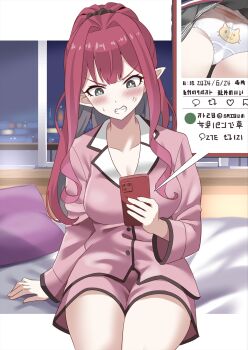 1girl baobhan_sith_(fate) blush breasts cellphone colored_eyelashes fate/grand_order fate_(series) hair_tie_in_mouth highres long_hair looking_at_phone mouth_hold on_bed phone pink_eyes pink_shirt pink_shorts pointy_ears screen shimouki_izui shirt shorts sidelocks sitting smartphone solo sweat