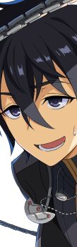 1boy black_eyes black_hair black_jacket disgaea disgaea_rpg hair_between_eyes harada_takehito highres jacket jewelry krai_andrey lower_teeth_only male_focus nageki_no_bourei_wa_intaishitai necklace official_art open_mouth simple_background teeth white_background