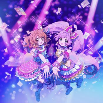 2girls :d ahoge aikatsu! aikatsu!_(series) aikatsu!_x_pripara_the_movie_-deai_no_kiseki!- bow braid commentary_request crossover detached_sleeves floating frilled_skirt frills full_body genre_connection hair_bow highres idol_clothes karin_toseko layered_skirt light_smile long_hair looking_at_viewer manaka_laala multiple_girls open_mouth orange_hair outstretched_arm ozora_akari pink_bow pink_skirt pretty_series pripara priticket purple_hair shoes skirt smile sparkle twintails very_long_hair wrist_cuffs