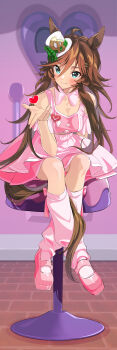 1girl absurdres ahoge animal_ears bare_shoulders blue_eyes blush breasts brown_hair cleavage closed_mouth detached_collar hair_between_eyes hair_ornament hairclip hat heart highres horse_ears horse_girl horse_tail long_hair looking_at_viewer loose_socks medium_breasts meni_shuki_rush-sshu! midriff_peek mini_hat mini_top_hat mr._c.b._(umamusume) official_alternate_costume on_stool pink_shirt pink_shoes pink_skirt pink_socks shirt shoes sitting skirt smile socks solo stool tail taromarun top_hat umamusume white_hat