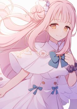 1girl angel_wings blue_archive blue_bow bow capelet closed_mouth dress feathered_wings flower gold_trim hair_bun hair_flower hair_ornament halo highres long_hair low_wings mika_(blue_archive) pink_hair pink_halo runa_(runa7733) scrunchie single_hair_bun single_side_bun smile solo very_long_hair white_capelet white_dress white_wings wings wrist_scrunchie yellow_eyes