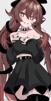 Rule 34 | 1girl, bare shoulders, black choker, black nails, black shirt, black skirt, black thighhighs, blush, brown hair, choker, crop top, earrings, eclipxare, eyeshadow, fishnets, genshin impact, goth fashion, grey background, grin, hair between eyes, head tilt, highres, hu tao (genshin impact), jewelry, long hair, long sleeves, looking at viewer, makeup, midriff, miniskirt, nail polish, off-shoulder shirt, off shoulder, pleated skirt, red eyes, shirt, skirt, skirt set, smile, solo, spiked choker, spikes, thighhighs, unfinished, very long hair