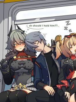 blonde_hair blush burnice_white caesar_king_(zenless_zone_zero) dorahdew drooling fidgeting grey_hair hand_on_another&#039;s_leg highres horns leaning_on_person sleeping sleeping_on_person speech_bubble sunglasses thought_bubble train wise_(zenless_zone_zero) yellow_eyes zenless_zone_zero