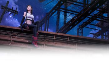 1girl 3d arm_support bare_shoulders black_gloves black_hair black_skirt black_sports_bra black_thighhighs boots breasts closed_mouth cloud cloudy_sky crop_top earrings elbow_gloves final_fantasy final_fantasy_vii final_fantasy_vii_rebirth final_fantasy_vii_remake fingerless_gloves full_body gloves jewelry knee_up large_breasts light_particles long_hair looking_up midriff miniskirt navel night official_art official_wallpaper outdoors red_boots red_eyes single_earring single_sidelock sitting skirt sky solo sports_bra square_enix star_(sky) starry_sky steel_beam suspender_skirt suspenders swept_bangs tank_top teardrop_earrings thighhighs tifa_lockhart utility_pole white_tank_top