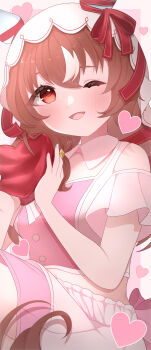 1girl absurdres animal_ears blush bow breasts brown_hair clothing_cutout commentary_request cropped_shirt ear_covers ear_ribbon hair_between_eyes heart highres holding horse_ears horse_girl horse_tail kurumiya_(krmy_p) long_hair looking_at_viewer meni_shuki_rush-sshu! one_eye_closed open_mouth pink_shirt pink_skirt red_eyes red_ribbon ribbon shirt shoulder_cutout skirt small_breasts smile solo still_in_love_(umamusume) tail umamusume veil white_veil