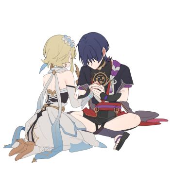 1boy 1girl arm_cutout armor bare_shoulders black_bodysuit black_corset black_hair black_kimono black_sandals black_shorts black_sleeves blonde_hair blue_feathers blue_flower blue_trim blunt_ends bodysuit closed_eyes clothing_cutout corset cross-laced_clothes cross-laced_corset detached_sleeves dress facing_down feather_hair_ornament feathers flower genshin_impact gold gold_shoes gold_trim grabbing_another&#039;s_hand hair_flower hair_ornament hand_on_another&#039;s_chest head_down hetero high_heels highres indian_style japanese_armor japanese_clothes jewelry juban kimono kote kurokote layered_sleeves lumine_(genshin_impact) median_furrow mitsudomoe_(shape) multicolored_flower neck_ring no_mouth o-ring open_clothes open_kimono popotpat purple_rope purple_sash purple_sleeves red_kimono red_sash rope sandals sash scaramouche_(genshin_impact) scarf seiza shimenawa shoes short_hair short_hair_with_long_locks short_sleeves shorts shoulder_blades sidelocks single_sode sitting tassel toeless_legwear toes tomoe_(symbol) vambraces white_dress white_flower white_kimono white_rope white_scarf white_sleeves zouri