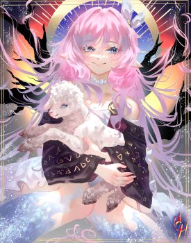 1girl absurdres animal artist_logo bare_shoulders blue_eyes closed_mouth coconuthound collarbone commentary cyrene_(aedes_elysiae)_(honkai:_star_rail) cyrene_(honkai:_star_rail) diamond-shaped_pupils diamond_(shape) english_commentary hair_ornament highres holding holding_animal honkai:_star_rail honkai_(series) logo long_hair looking_at_viewer pink_hair pink_pupils pointy_ears sheep smile solo symbol-shaped_pupils upper_body very_long_hair