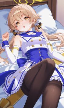 Rule 34 | 1girl, bed, black pantyhose, blonde hair, blue archive, blue choker, blue sailor collar, choker, commentary request, cropped shirt, frilled skirt, frills, hair ornament, hairpin, halo, hifumi (blue archive), highres, idol, karaage (xxxmido02), low twintails, lying, mischievous straight uniform (blue archive), official alternate costume, pantyhose, pillow, sailor collar, skirt, twintails, yellow eyes, yellow halo