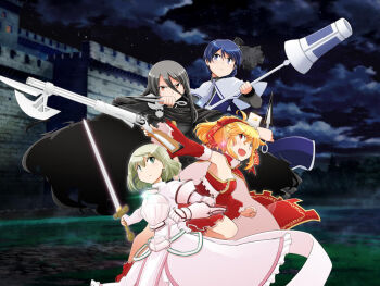 4girls ahoge antique_firearm armor black_cloak black_dress black_wrist_cuffs blonde_hair blue_dress blue_eyes blue_hair blunderbuss bow breastplate breasts cape capelet castle cloak closed_mouth cloud collared_cape corset covered_mouth cowboy_shot dagger determined dot_nose dress dual_wielding earrings elisa_celjska fang firearm forest furrowed_brow game_asset gauntlets gloves grass green_eyes grey_dress grey_hair gun hair_between_eyes hair_bow hair_bun high_collar holding holding_dagger holding_gun holding_knife holding_polearm holding_sword holding_weapon jeanne_d'arc_(madoka_magica) jewelry knife lace-trimmed_bow lace_trim layered_dress light_blush light_frown light_particles liz_hawkwood long_dress long_hair long_sleeves looking_at_viewer loose_hair_strand magia_record:_mahou_shoujo_madoka_magica_gaiden magical_girl mahou_shoujo_madoka_magica mahou_shoujo_tart_magica masu_gitsune melissa_de_vignolles multiple_girls nature night official_art open_mouth orange_eyes outdoors outstretched_arm pauldrons pink_gloves polearm ponytail red_bow red_cape red_corset red_dress red_eyes short_dress short_hair short_sword shoulder_armor single_bracer single_gauntlet single_hair_bun single_pauldron skin_fang sky smile star_(sky) starry_sky sword turtleneck turtleneck_dress two-sided_cape two-sided_fabric wavy_hair weapon white_cape white_capelet white_dress wrist_cuffs