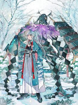 2girls absurdres aqua_hakama armor back-to-back black_kimono blue_eyes earrings fate/samurai_remnant fate_(series) full_armor green_haori hakama haori helmet high_ponytail highres japanese_armor japanese_clothes jewelry kabuto_(helmet) katana kimono kishimen_hair multiple_girls mura_karuki okobo platform_sandals ponytail print_hakama sandals shoulder_armor snow snowing sode sword tassel tassel_earrings tree ushi_gozen_(fate) ushi_gozen_(rider)_(fate) weapon white_hair white_hakama yui_shousetsu_(fate)