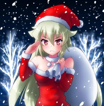 1girl arcana_heart arcana_heart_3 blush breasts carrying_over_shoulder christmas dress fur-trimmed_dress fur-trimmed_headwear fur_trim hair_between_eyes hat holding holding_sack kasabou long_hair looking_at_viewer medium_breasts red_eyes sack salute santa_costume santa_hat snowflake_background weiss_(arcana_heart) white_hair