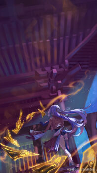 1girl absurdres ass asymmetrical_gloves black_unitard commentary_request elbow_gloves from_behind gloves high-waist_shorts highres jacket long_hair night night_sky ofuda outdoors ring_hair_ornament shorts single_elbow_glove single_thighhigh sky solo thigh_strap thighhighs tu_pao_diao_yu_shao uneven_gloves white_hair yellow_jacket yixuan_(zenless_zone_zero) zenless_zone_zero