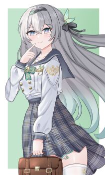 1girl absurdres bag black_sailor_collar black_skirt closed_mouth collarbone firefly_(honkai:_star_rail) firefly_(spring_missive)_(honkai:_star_rail) gradient_hair green_hair grey_hair hair_between_eyes hair_ornament highres holding holding_bag honkai:_star_rail honkai_(series) hopefulness_art long_hair long_sleeves looking_at_viewer multicolored_hair official_alternate_costume pink_eyes plaid_clothes plaid_skirt sailor_collar school_bag school_uniform serafuku skirt smile solo thighhighs white_thighhighs